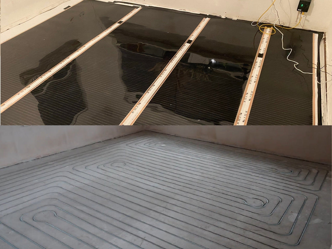 Vergelijking infrarood verwarmingsfolie versus traditionele watervloerverwarming — dunne carbon folie boven en buizensysteem in betonvloer onder