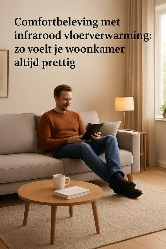 Comfortbeleving met infrarood vloerverwarming — man ontspant op warme vloer in gezellige woonkamer