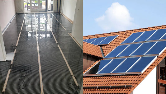 Infrarood vloerverwarming combineren met zonnepanelen — carbon verwarmingsfolie in woonkamer en zonnepanelen op dak