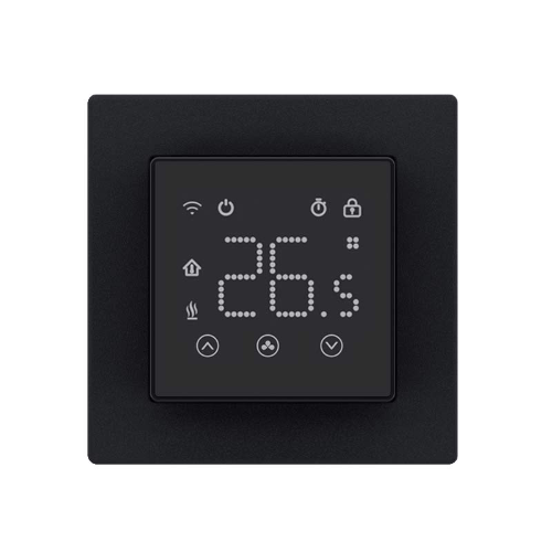 DOC3 wifi thermostaat zwart gemonteerd in zwart wandframe — inbouw thermostaat infrarood vloerverwarming