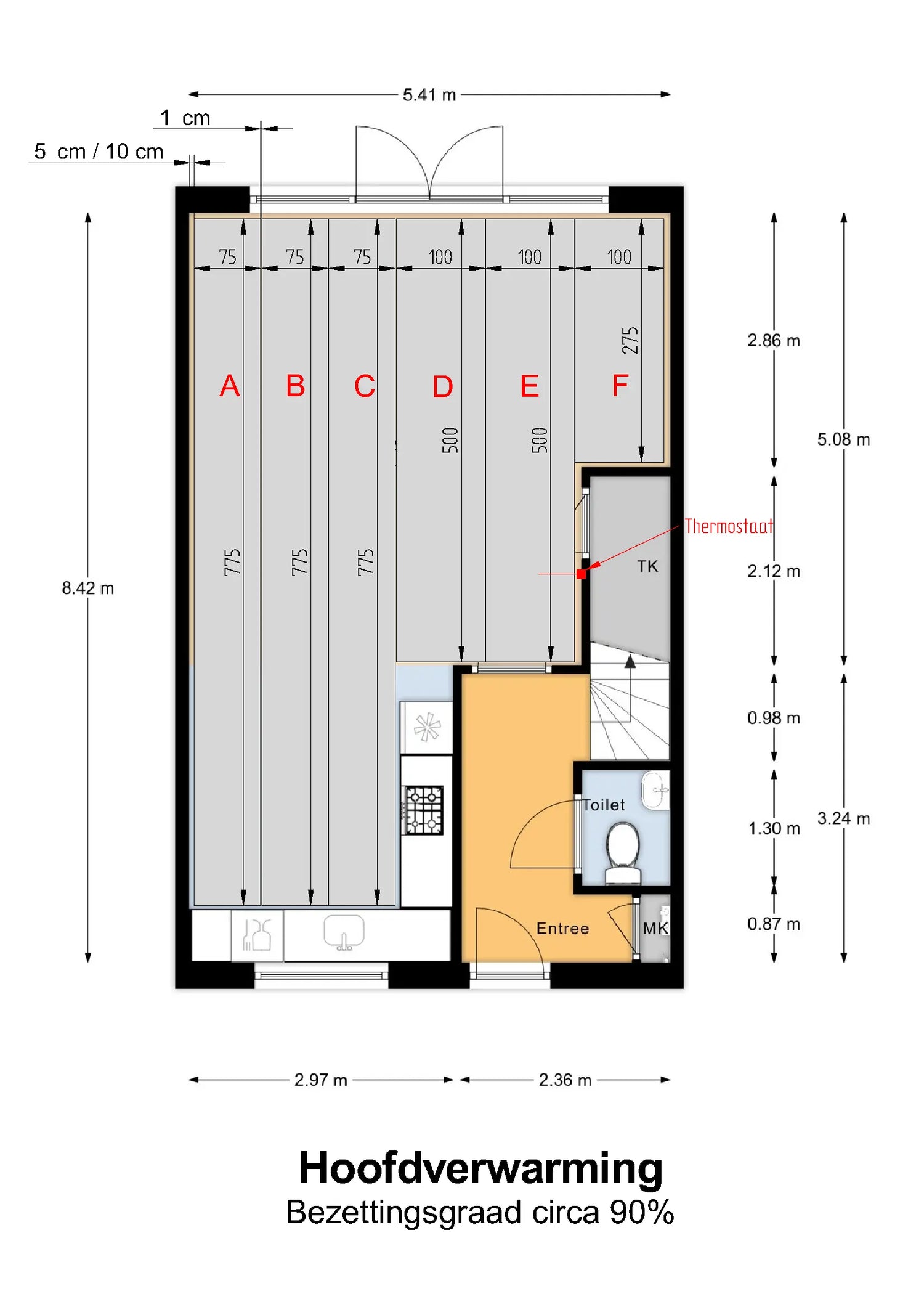 Legplan van infrarood vloerverwarming als hoofdverwarming met circa 90% vloerbezetting voor volledige verwarming van de ruimte