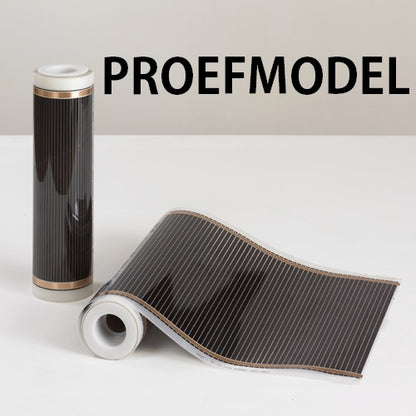 Proefmodel infrarood verwarmingsfolie Carbon Heating — rol en uitgerolde carbon folie met koper aansluitstrip