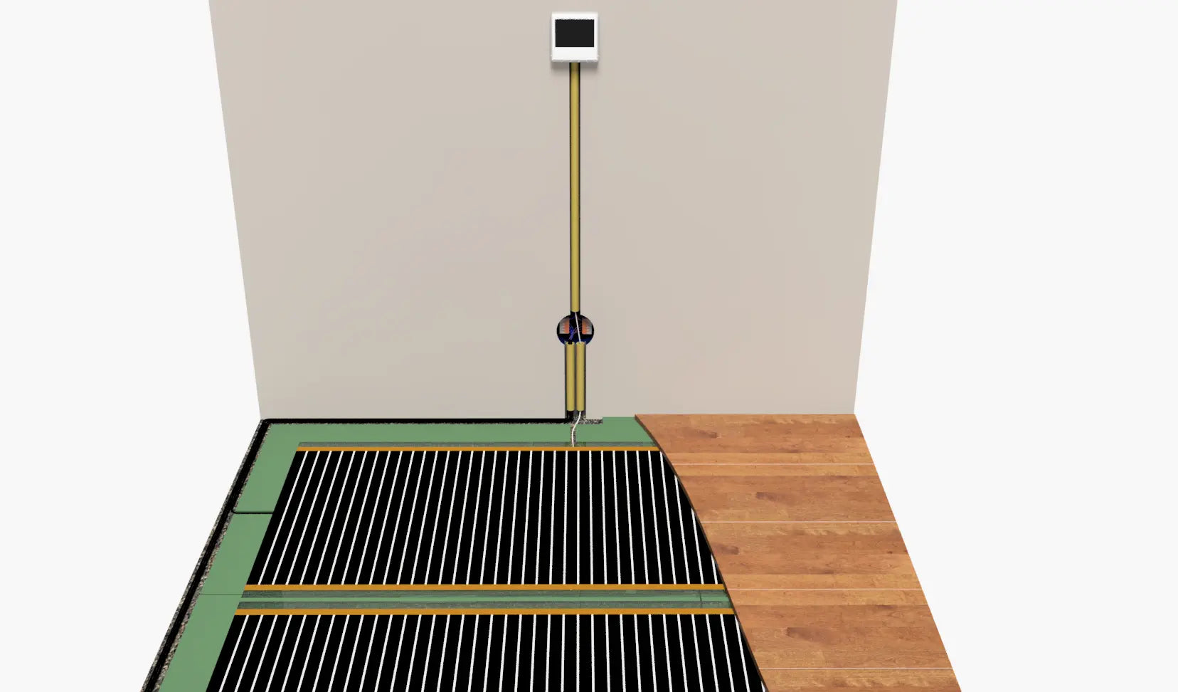 Infrarood vloerverwarming met thermostaat aan muur — carbon verwarmingsfolie uitgerold op isolerende ondervloer klaar voor laminaat