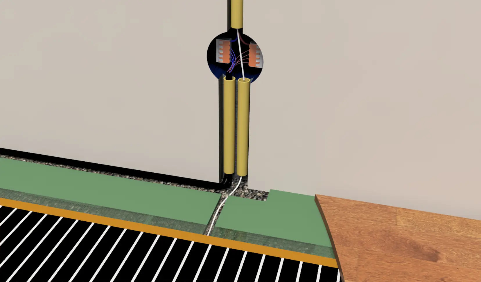 Aansluiting thermostaat infrarood vloerverwarming detail — kabelverbinding door buis naar verwarmingsfolie onder laminaat