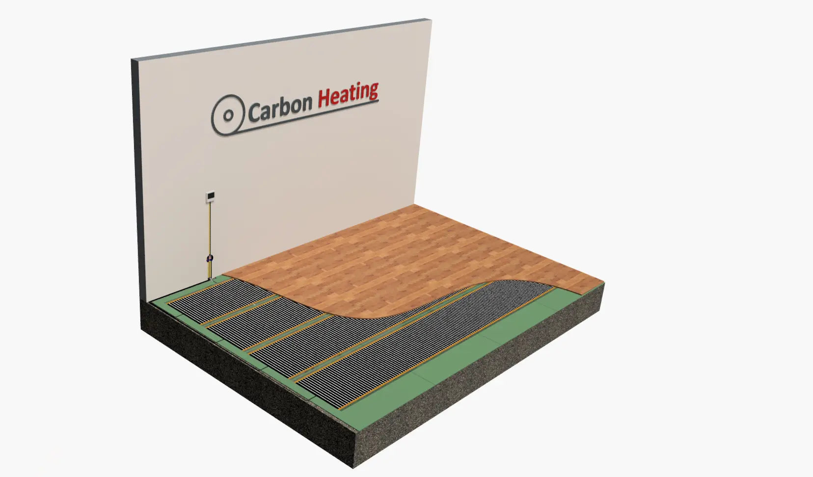 Installatie infrarood vloerverwarming Carbon Heating — dwarsdoorsnede vloeropbouw met carbon verwarmingsfolie onder laminaat op isolerende ondervloer
