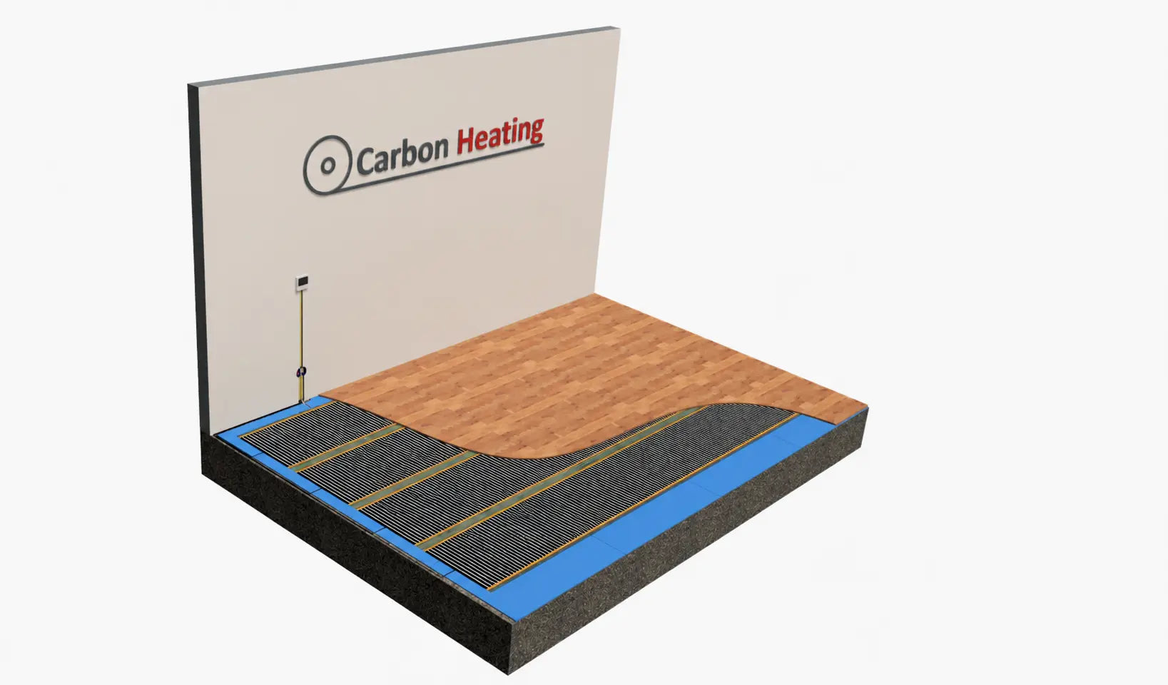 Doorsnede installatie infrarood vloerverwarming met thermostaat en laminaat