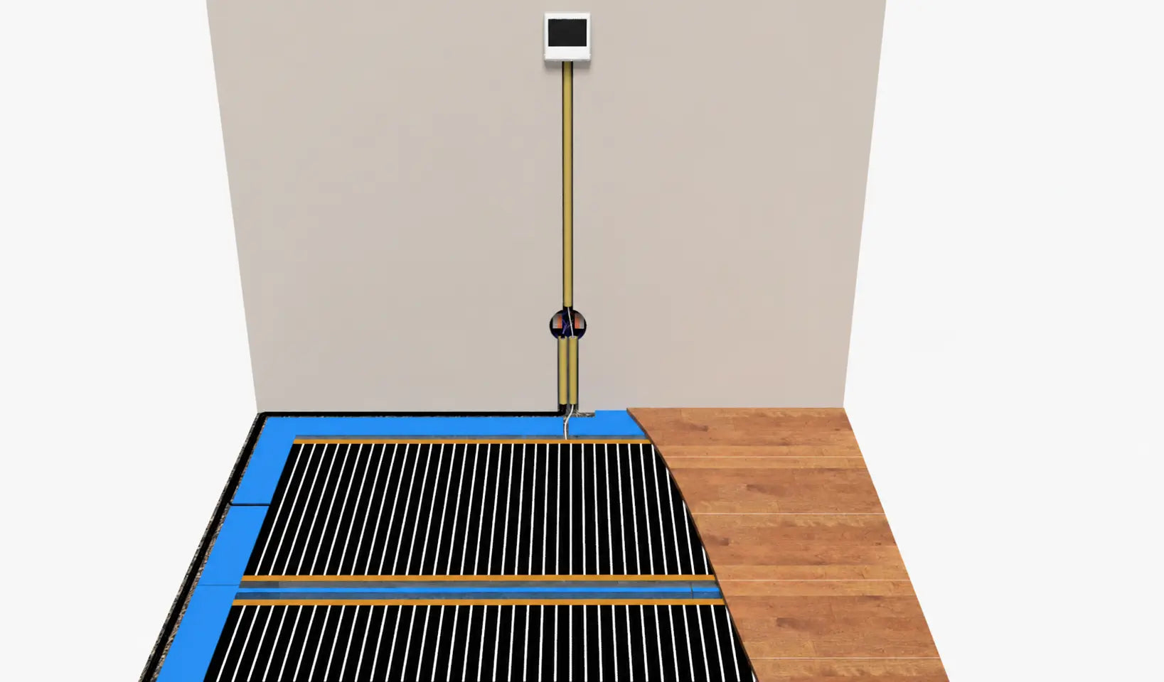 Thermostaat aan de wand met bekabeling naar infrarood vloerverwarming